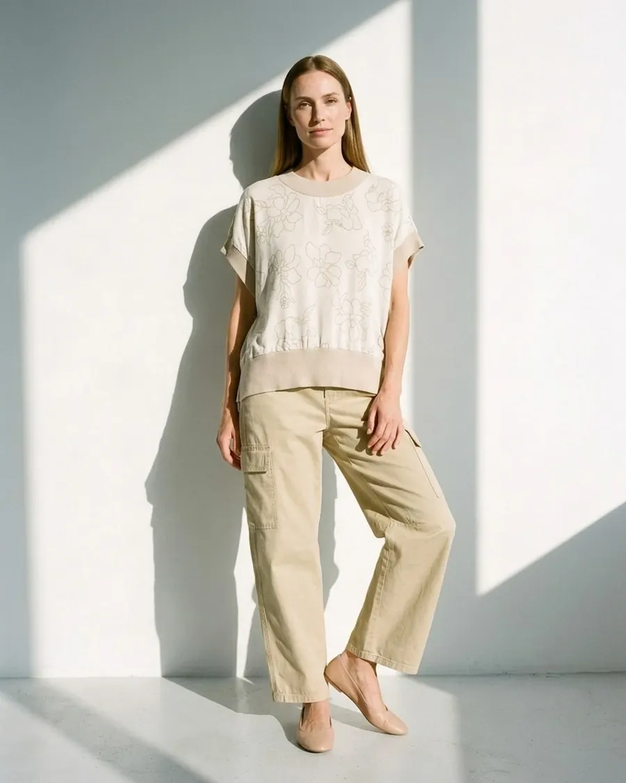 Modelo virtual con remera estampada y pantalón cargo, foto 3 de 4