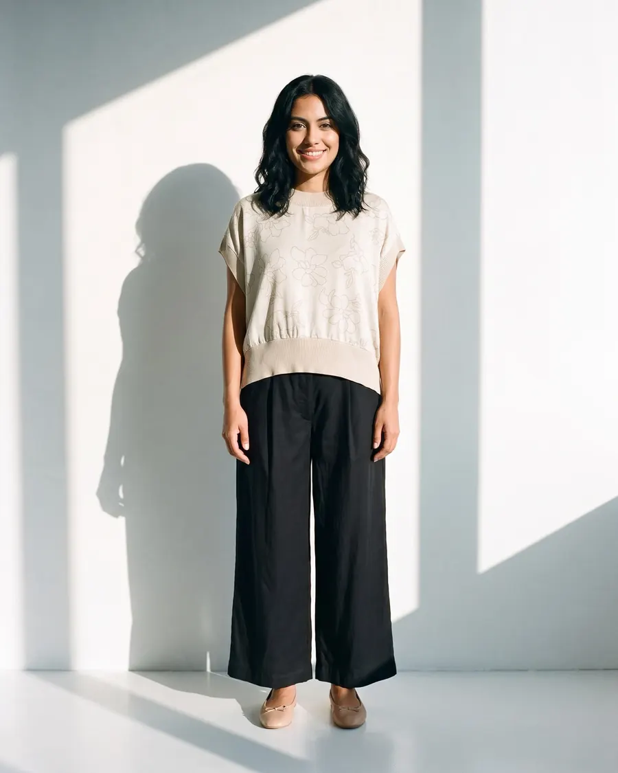 Modelo virtual morocha con remera estampada y pantalón negro, foto 3 de 4